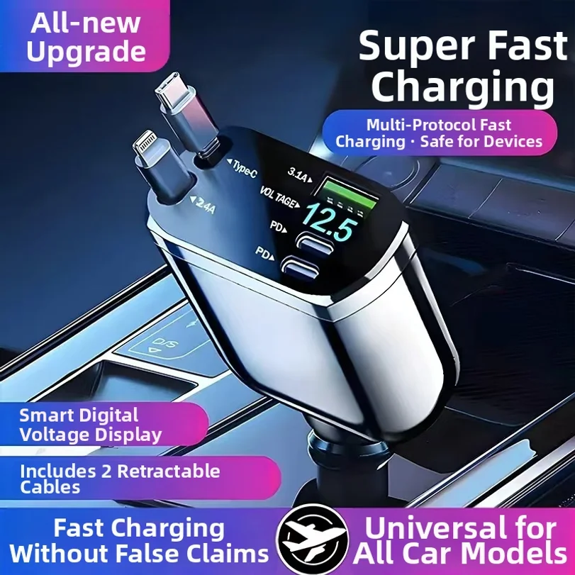 Car Charger With Retractable Cable, Super Fast Charging, New Model, One-to-two Cigarette Lighter Adapter
Car Charger With Retractable Cable, Super Fast Charging, New Model, One-to-two Cigarette Lighter Adapter