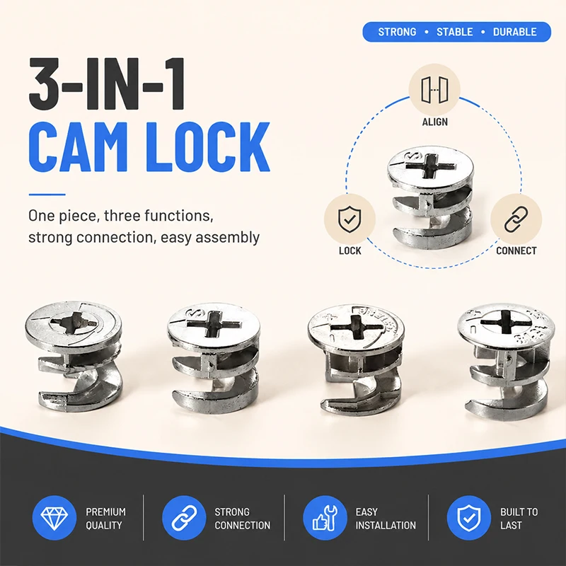 3-in-1 Assembly Screw Connector Eccentric Wheel Locking Fitting for Flat-Pack Furniture Cabinet Wardrobe Hardware Kit
3-in-1 Assembly Screw Connector Eccentric Wheel Locking Fitting for Flat-Pack Furniture Cabinet Wardrobe Hardware Kit