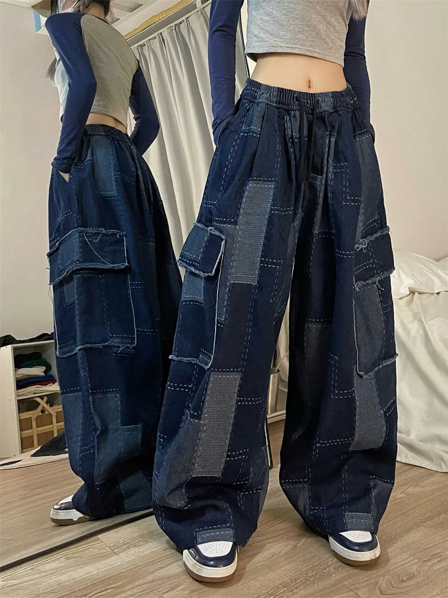 Women's High Waist Wide Leg Dark Blue Patchwork Jeans Drawstring Multi - Pocket Vintage Distressed Y2K Streetwear Denim Trousers
Women's High Waist Wide Leg Dark Blue Patchwork Jeans Drawstring Multi - Pocket Vintage Distressed Y2K Streetwear Denim Trousers