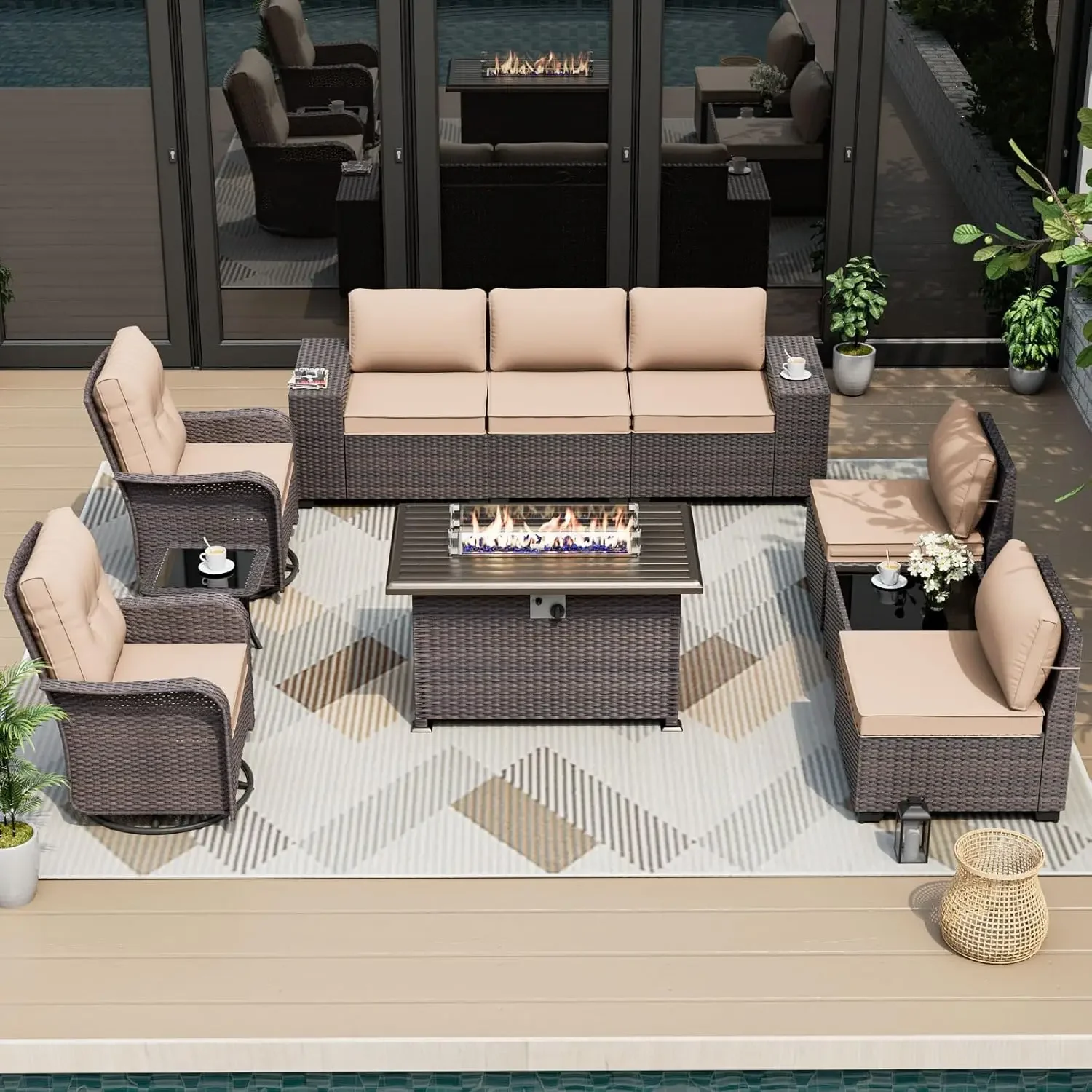 10 Pieces Patio Furniture Set with 2 Swivel Chairs Patio Furniture Outdoor Sectional Sofas with 55000 Gas Fire Pit Patio Convers
10 Pieces Patio Furniture Set with 2 Swivel Chairs Patio Furniture Outdoor Sectional Sofas with 55000 Gas Fire Pit Patio Convers