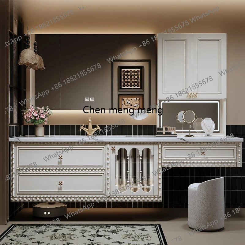 French retro oak bathroom cabinet combination vanity integrated makeup mirror rock slab seamless ceramic basin washstand
French retro oak bathroom cabinet combination vanity integrated makeup mirror rock slab seamless ceramic basin washstand