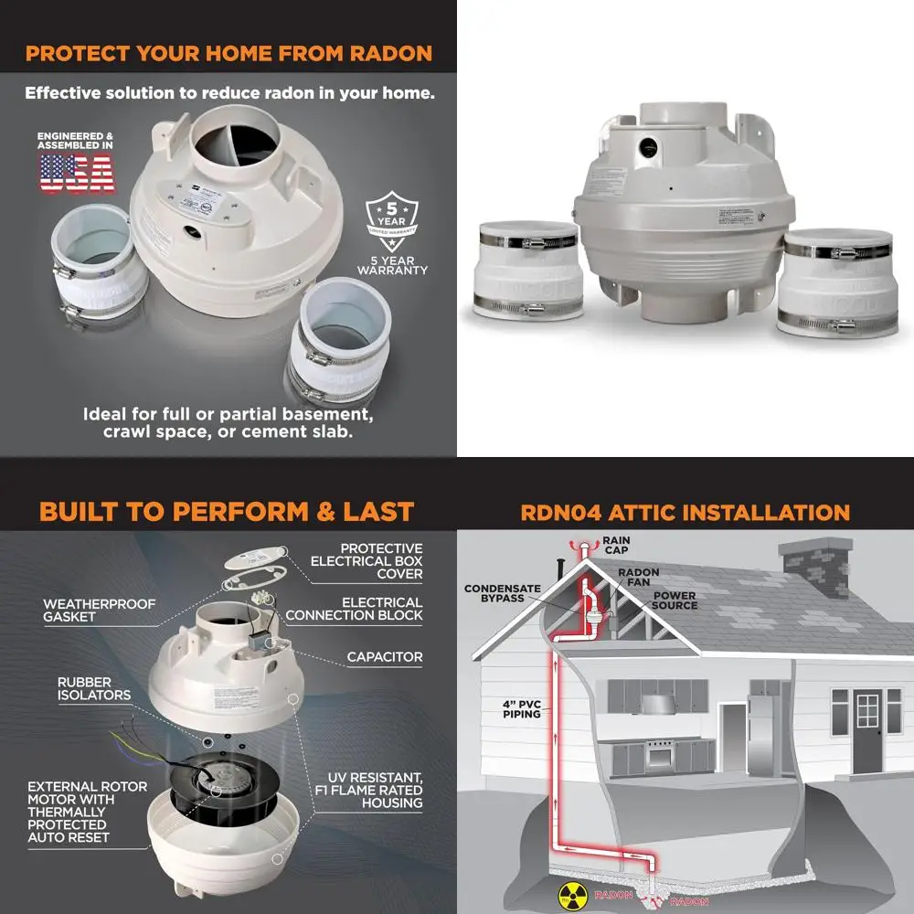 Radon Reduction System for Basements and Crawlspaces with 2 Coupling Adaptors, Suitable for Indoor and Outdoor Installation
Radon Reduction System for Basements and Crawlspaces with 2 Coupling Adaptors, Suitable for Indoor and Outdoor Installation