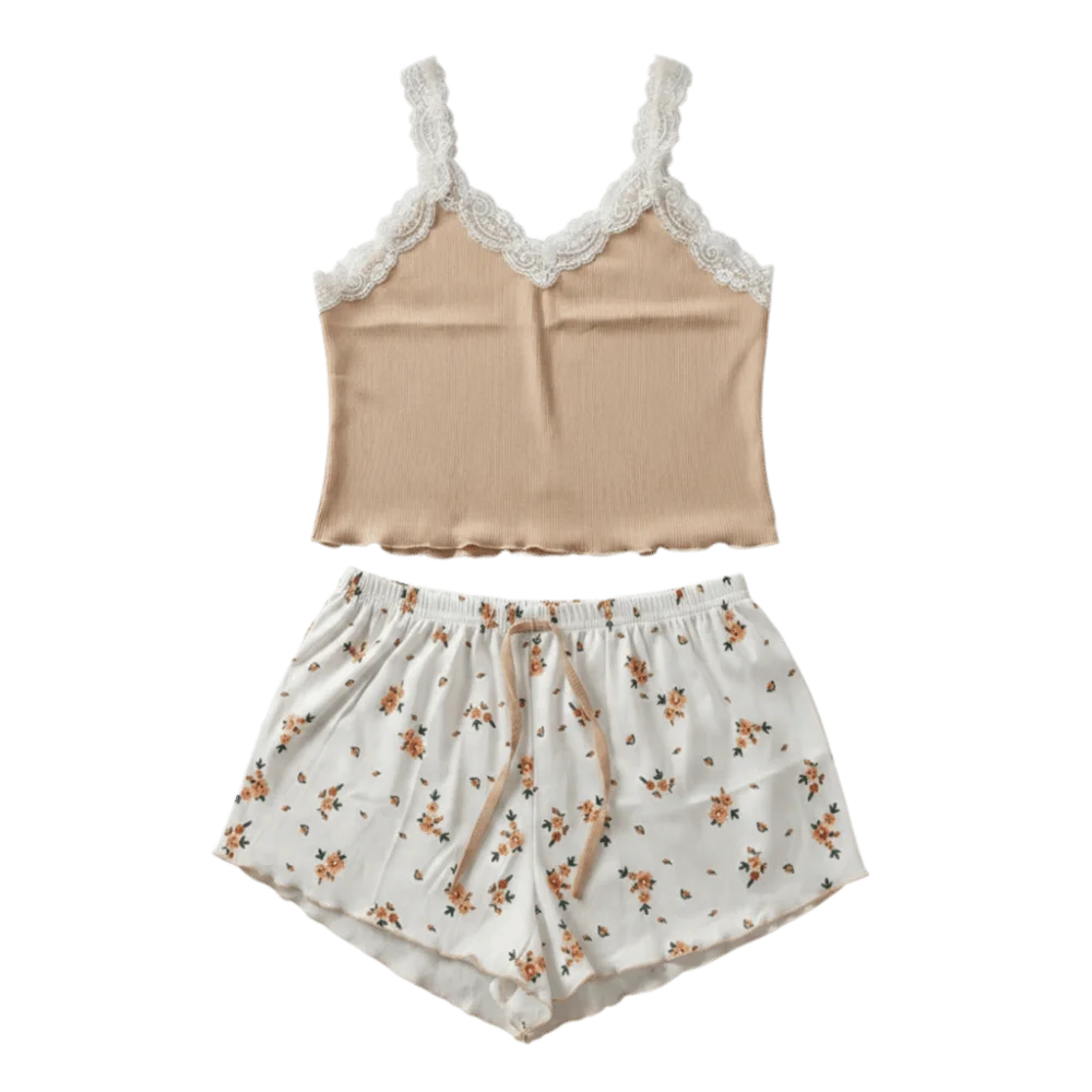 2 PCS Casual V-Neck 2Pieces Pajama Set Flower Lace Women Sleepwear Sweet Patchwork Summer Camisole Shorts Night
2 PCS Casual V-Neck 2Pieces Pajama Set Flower Lace Women Sleepwear Sweet Patchwork Summer Camisole Shorts Night