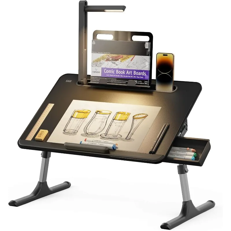 Laptop table with LED desk lamp, laptop stand over bed, height adjustable bedside table with bookshelf
Laptop table with LED desk lamp, laptop stand over bed, height adjustable bedside table with bookshelf