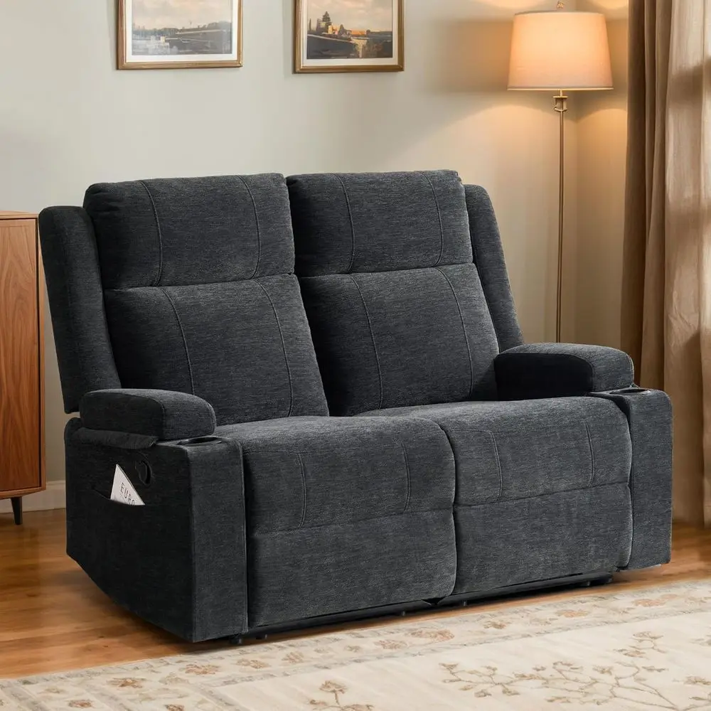 55 Double Reclining RV Loveseat with Cup Holders and Storage, Black Chenille for Compact Theater Seating in Campers and Motorhom
55 Double Reclining RV Loveseat with Cup Holders and Storage, Black Chenille for Compact Theater Seating in Campers and Motorhom