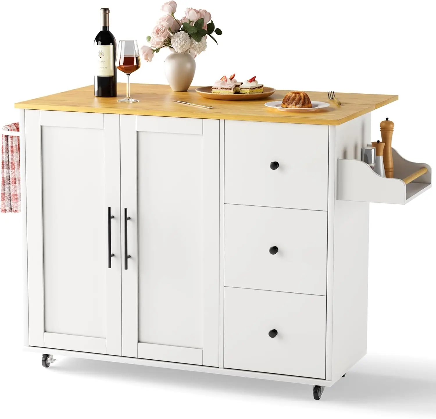 Multifunctional Kitchen Island on Wheels with Drop Leaf, Spice Rack & Towel Bar, Expandable Table, 39.37" Wide, White
Multifunctional Kitchen Island on Wheels with Drop Leaf, Spice Rack & Towel Bar, Expandable Table, 39.37" Wide, White