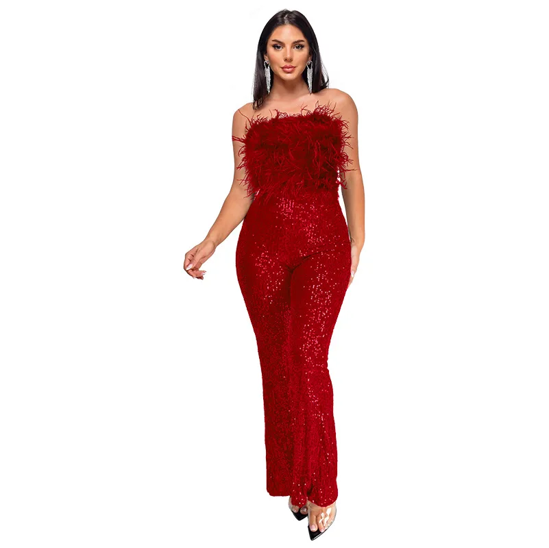 Sequins Strapless Jumpsuits Feathers Patchwork Women Elegant Sexy Sleeveless Backless Slim Night Clubwear Party Flare Overalls
Sequins Strapless Jumpsuits Feathers Patchwork Women Elegant Sexy Sleeveless Backless Slim Night Clubwear Party Flare Overalls