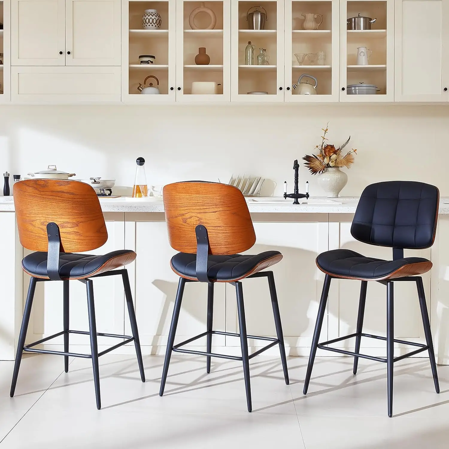 Mid Century Upholstered Counter Stool 26in Faux Leather Walnut Back Kitchen Island Set of 3, Customized
Mid Century Upholstered Counter Stool 26in Faux Leather Walnut Back Kitchen Island Set of 3, Customized