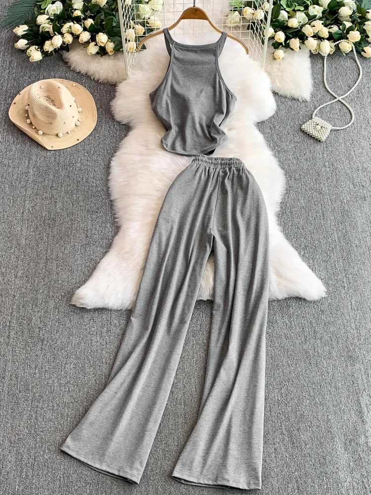 Sexy American Sle Spicy Girl Knitted Vest with Ne Hanging Strap Pad Chest High Waist Slimming Wide Leg Pants Two Piece Set
Sexy American Sle Spicy Girl Knitted Vest with Ne Hanging Strap Pad Chest High Waist Slimming Wide Leg Pants Two Piece Set