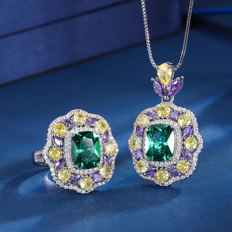 New European and American fashion blue emerald pendant necklace and ring set in two colors for women
New European and American fashion blue emerald pendant necklace and ring set in two colors for women