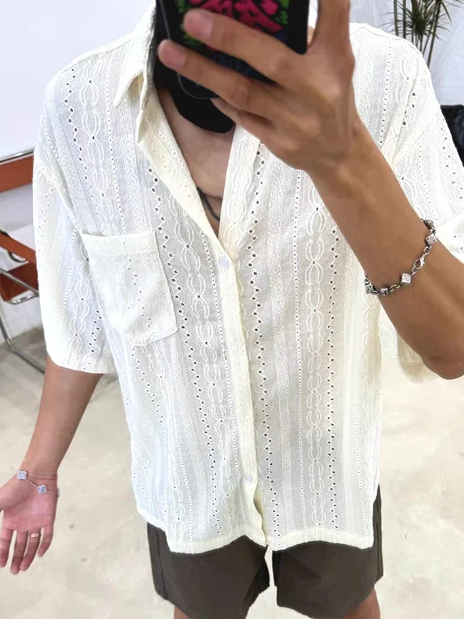 American Style Men's Knitted Shirt Mesh See-through Slim Fit Short Sleeve Sweatshirt Embroidery Texture Workwear T-shirt
American Style Men's Knitted Shirt Mesh See-through Slim Fit Short Sleeve Sweatshirt Embroidery Texture Workwear T-shirt