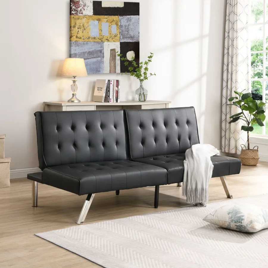 WOOD FRAME STAINLESS LEG FUTON SOFA BED BLACK PVC
WOOD FRAME STAINLESS LEG FUTON SOFA BED BLACK PVC