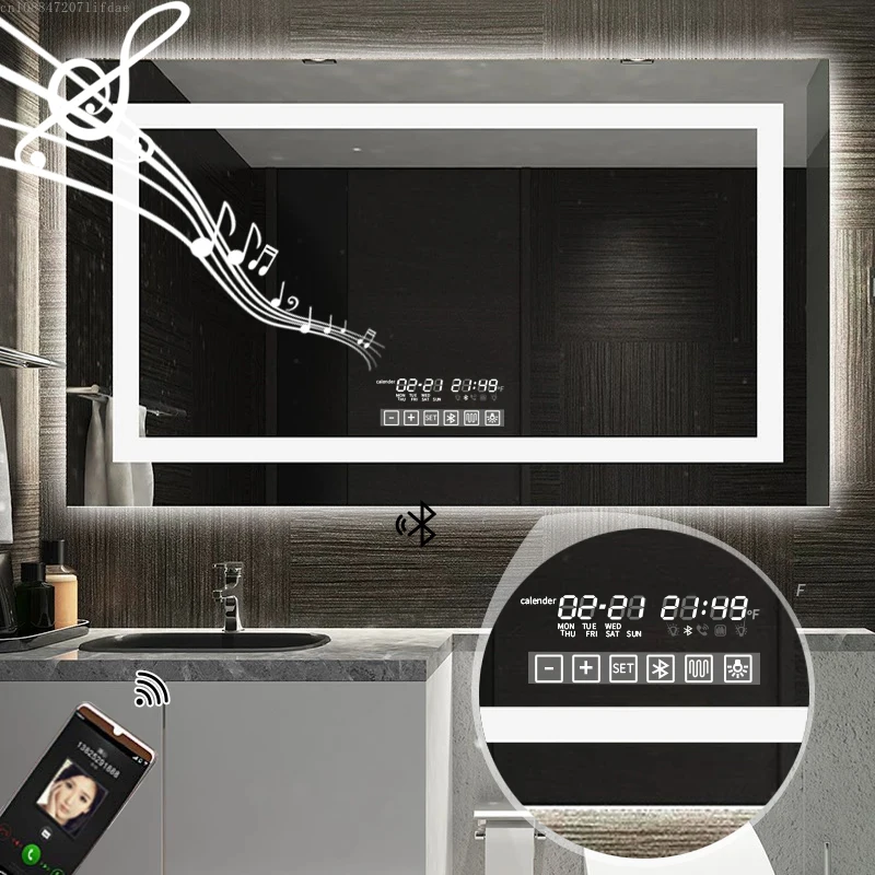 LED Smart Bathroom Mirror Wall Mounted Dressing Backlit +Touch Memory Switch+Defogger+Bluetooth-compatible speaker 
LED Smart Bathroom Mirror Wall Mounted Dressing Backlit +Touch Memory Switch+Defogger+Bluetooth-compatible speaker