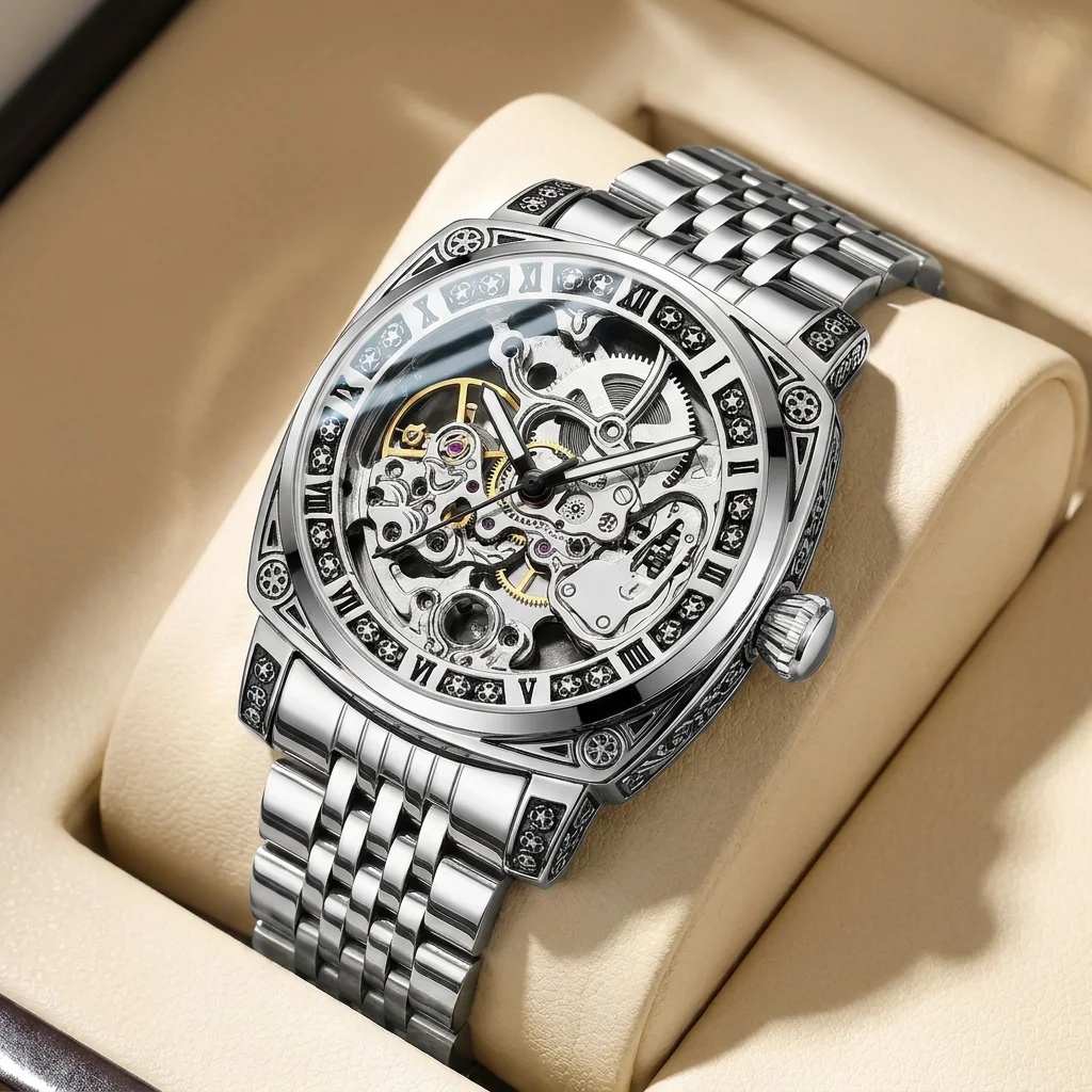 1pcs Men's silver dial alloy strap vintage fashion skeleton gear luxury details Mechanical Watch for daily business party holida
1pcs Men's silver dial alloy strap vintage fashion skeleton gear luxury details Mechanical Watch for daily business party holida