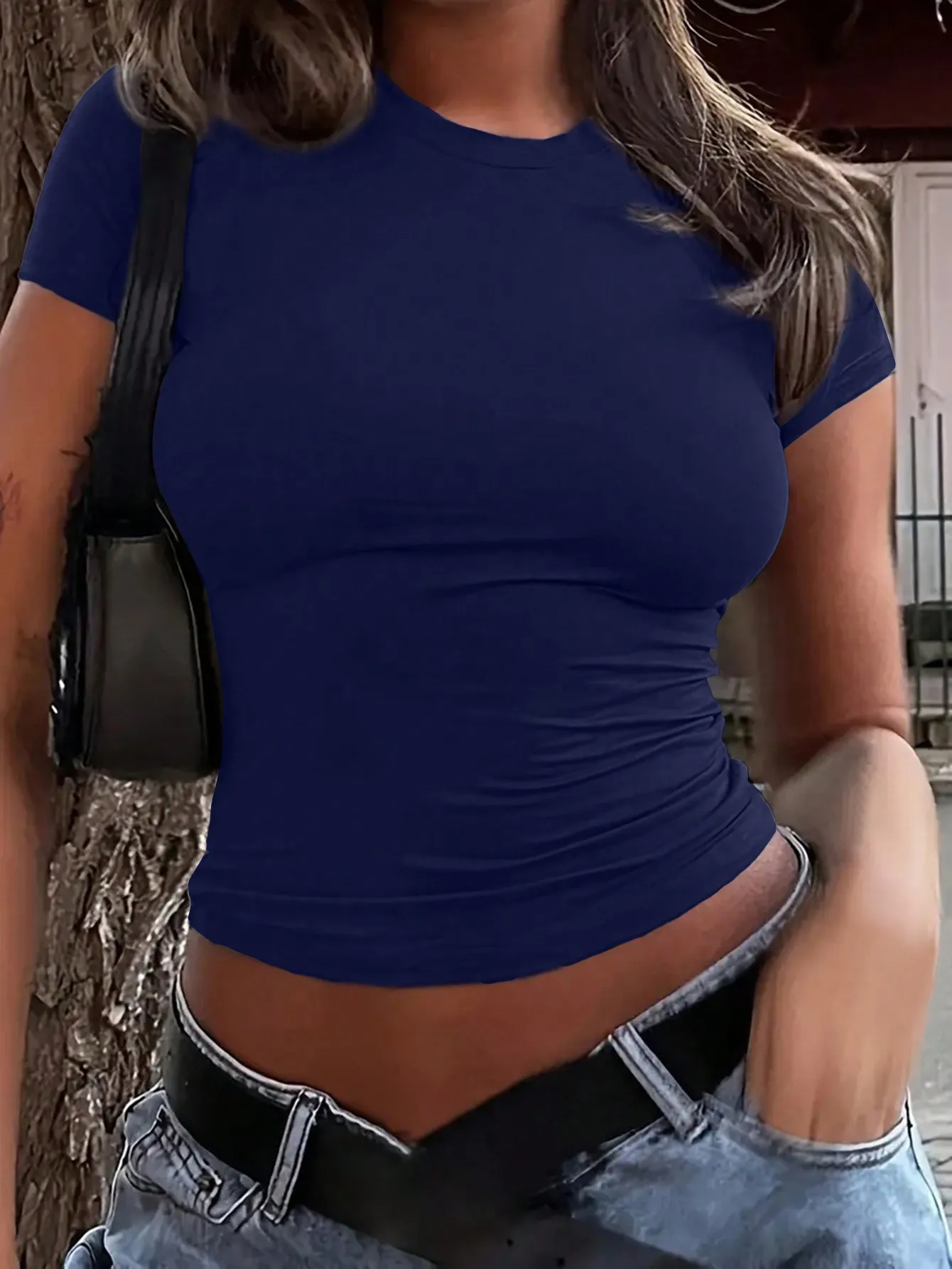 Women's Navy Blue Short Sleeve Fitted Crop Top for Casual Everyday Wear
Women's Navy Blue Short Sleeve Fitted Crop Top for Casual Everyday Wear