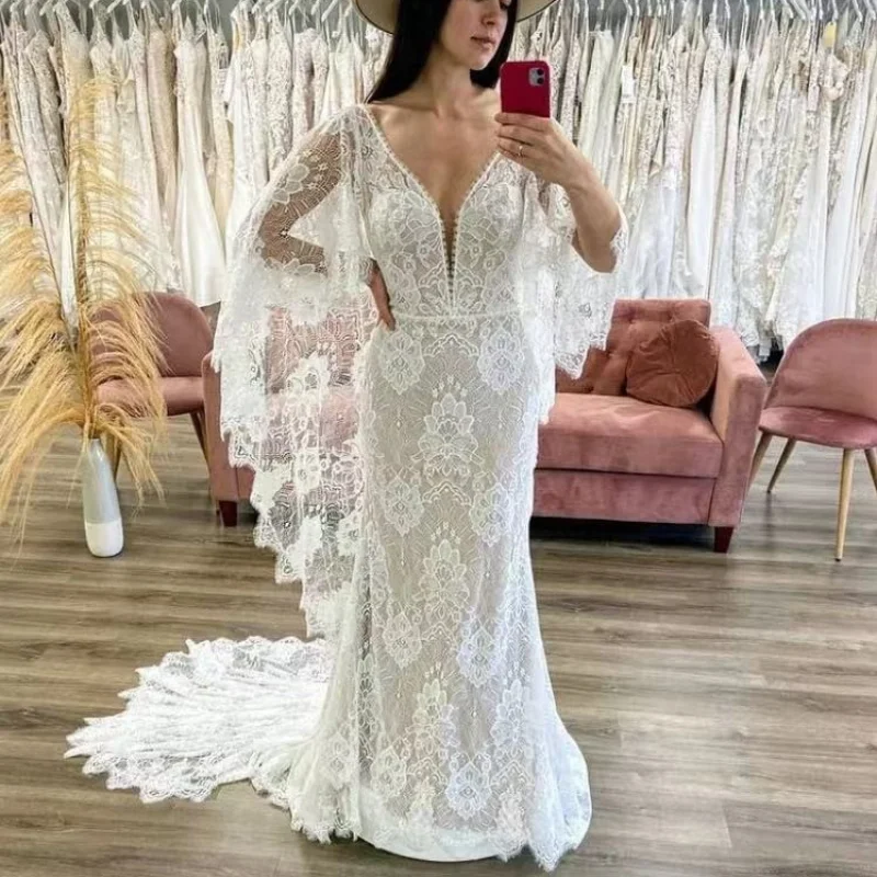 2023 Vintage Boho Mermaid Wedding Dress Lace Sexy V Neck Bat Sleeve Open Back Bridal Gowns Wedding Guest Dress
2023 Vintage Boho Mermaid Wedding Dress Lace Sexy V Neck Bat Sleeve Open Back Bridal Gowns Wedding Guest Dress