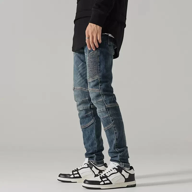 Street Fashion Men Jeans Retro Blue Elastic Slim Fit Spliced Biker Jeans Men Zipper Wrinkle Patch Designer Hip Hop Pants Hombre
Street Fashion Men Jeans Retro Blue Elastic Slim Fit Spliced Biker Jeans Men Zipper Wrinkle Patch Designer Hip Hop Pants Hombre