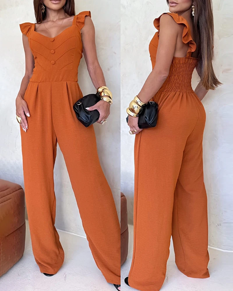 New Fashion 2025 Summer Sexy Elegant Sleeveless Shoulder Ruffles Waist Jumpsuit Casual Back Shirred Wide Leg Romper
New Fashion 2025 Summer Sexy Elegant Sleeveless Shoulder Ruffles Waist Jumpsuit Casual Back Shirred Wide Leg Romper