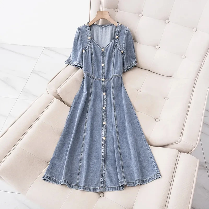 Bubble sleeved dress, washed denim dress, women's summer 2023 new fat mm slim fit, slimming Hong Kong style retro dress
Bubble sleeved dress, washed denim dress, women's summer 2023 new fat mm slim fit, slimming Hong Kong style retro dress