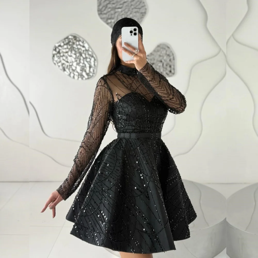 Customized Charmeuse Sequined Pleat High Collar A-line Short Dresses Bespoke Occasion Luxury Evening Dress Charming Party Gown
Customized Charmeuse Sequined Pleat High Collar A-line Short Dresses Bespoke Occasion Luxury Evening Dress Charming Party Gown