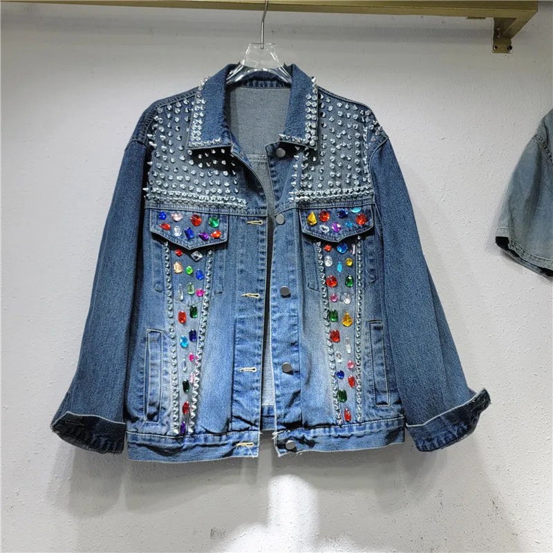 Heavy Work Rivet Beading Diamond Washed Blue Denim Jacket Women Casual Streetwear Fashion Spring Loose Long Sleeve Cowboy Coat
Heavy Work Rivet Beading Diamond Washed Blue Denim Jacket Women Casual Streetwear Fashion Spring Loose Long Sleeve Cowboy Coat