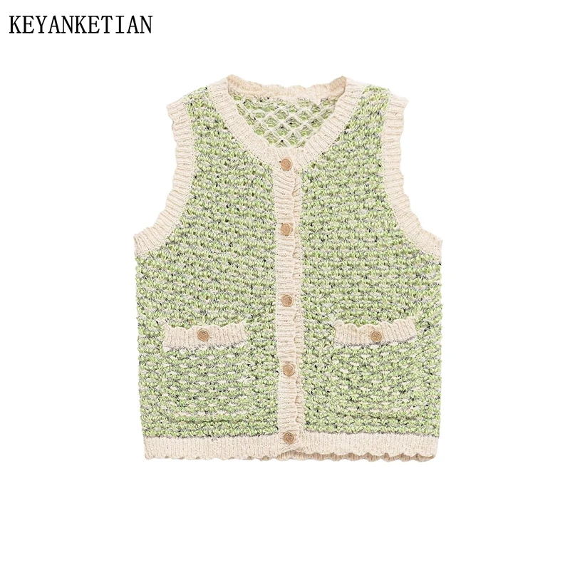 KEYANKETIAN Summer New Women's Clothing Single Breasted Sleeveless Round Neck Texture Knitted Vest Women Sweater Vest
KEYANKETIAN Summer New Women's Clothing Single Breasted Sleeveless Round Neck Texture Knitted Vest Women Sweater Vest