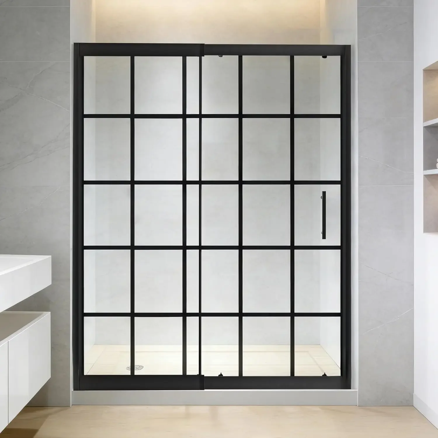 Retractable Shower Door, No Cut, 56-60" W x 72" H Sliding Shower Door, Grid Pattern Glass Shower Door with 1/4" (6mm) Clear SGCC
Retractable Shower Door, No Cut, 56-60" W x 72" H Sliding Shower Door, Grid Pattern Glass Shower Door with 1/4" (6mm) Clear SGCC