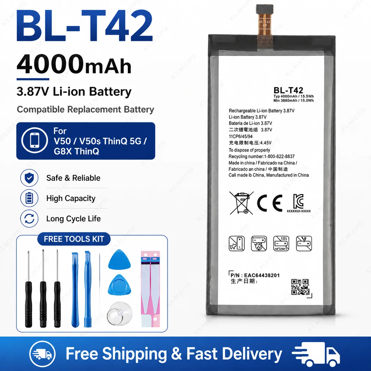 BL-T42 Battery For LG V50 ThinQ 5G V50ThinQ LM-V500 V500N V500EM V500XM Smartphone Rechargeable Bateria New In Stock
BL-T42 Battery For LG V50 ThinQ 5G V50ThinQ LM-V500 V500N V500EM V500XM Smartphone Rechargeable Bateria New In Stock