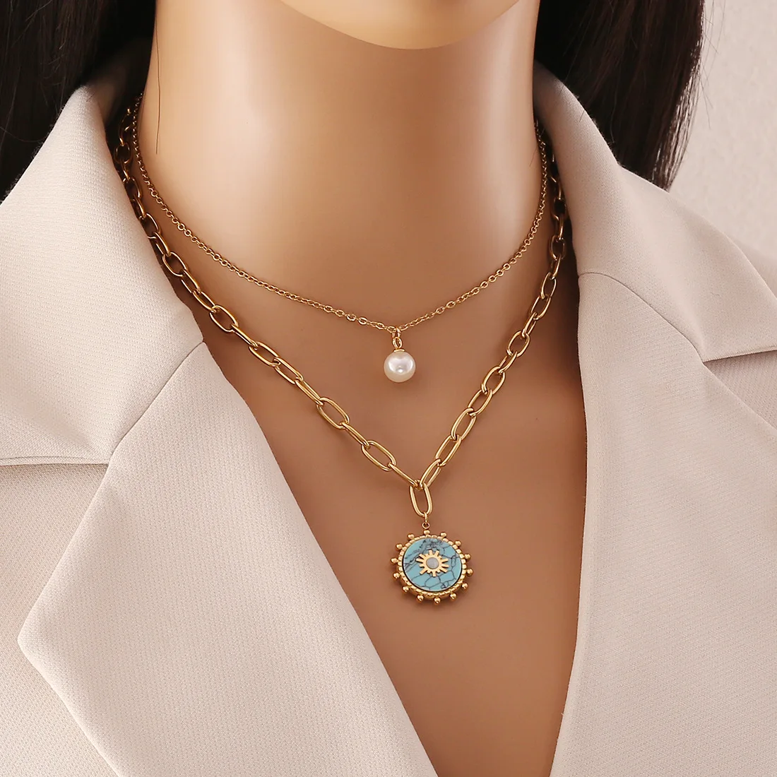 Personalized Turquoise Sunflower Stainless Steel Double Layer Necklace For Women New Trend Multilayer Neck Chain Jewelry Gift
Personalized Turquoise Sunflower Stainless Steel Double Layer Necklace For Women New Trend Multilayer Neck Chain Jewelry Gift