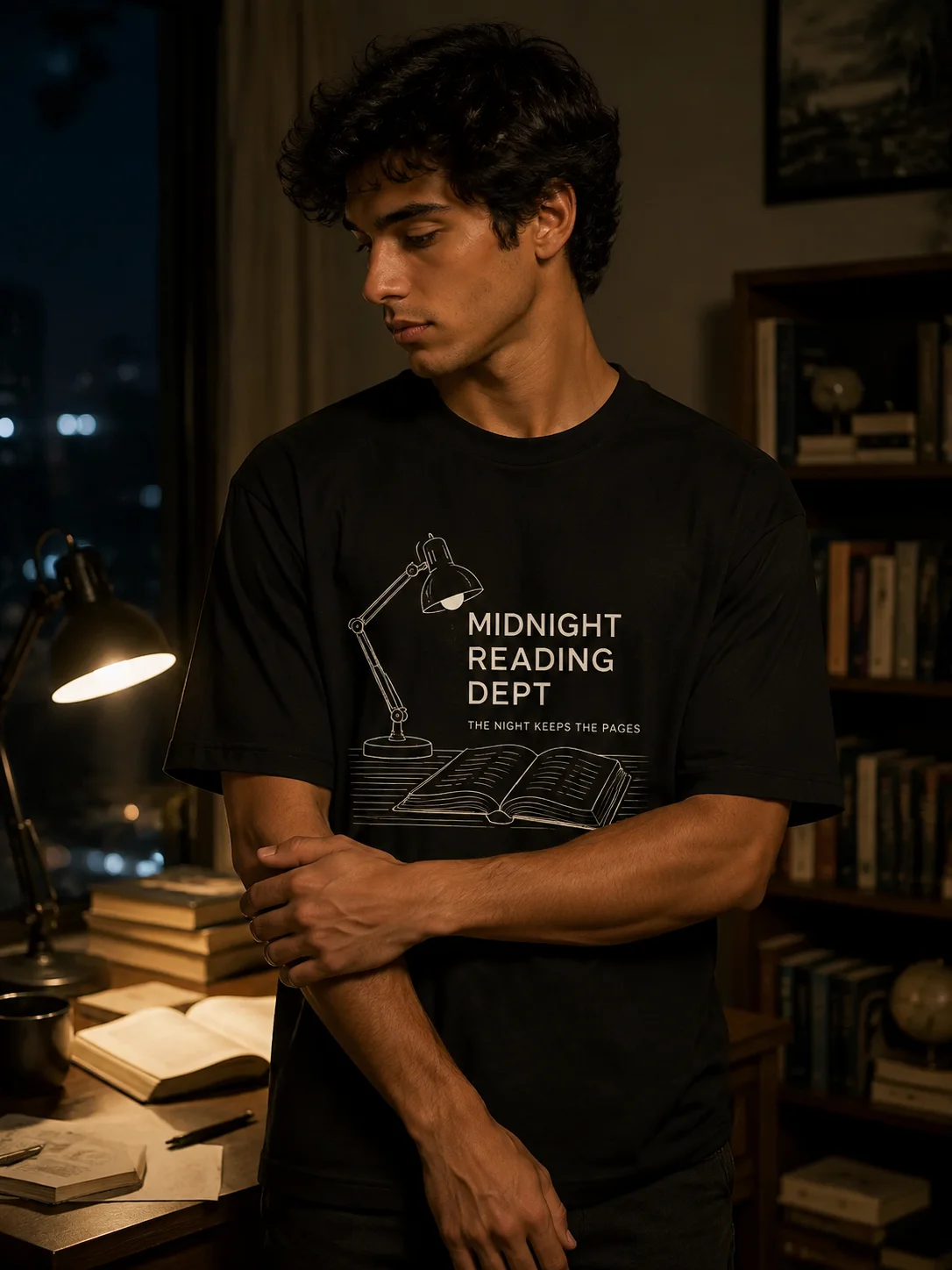 Men Graphic T Shirt Short Sleeve Loose Fit 50% Cotton 50% Polyester Stretch Fabric Midnight Reading Lamp Book Print Summer
Men Graphic T Shirt Short Sleeve Loose Fit 50% Cotton 50% Polyester Stretch Fabric Midnight Reading Lamp Book Print Summer