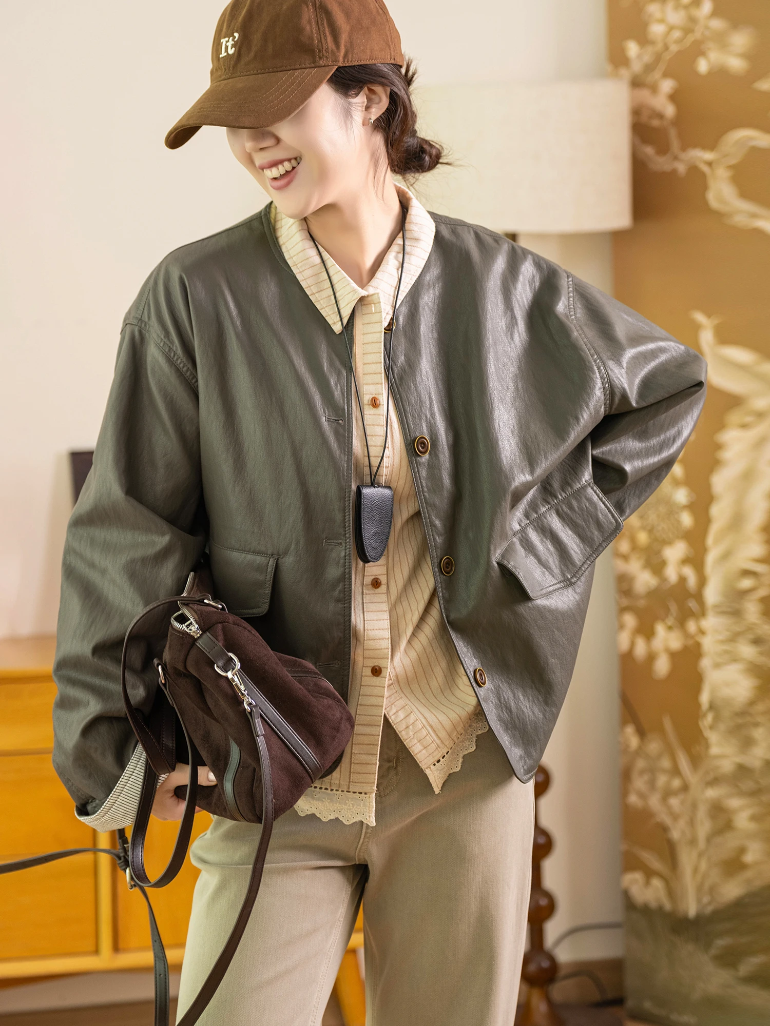 Skin-friendly Comfortable Cotton Blend round Ne Leather Jaet Anti-aging Artistic Casual Outerwear for Women by Little Ear
Skin-friendly Comfortable Cotton Blend round Ne Leather Jaet Anti-aging Artistic Casual Outerwear for Women by Little Ear