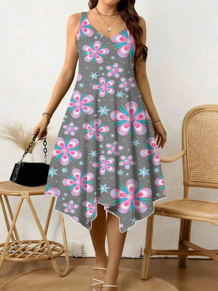 Floral Print Women V Neck Sleeveless Dress Irregular Hem Breathable Summer Casual Dress
Floral Print Women V Neck Sleeveless Dress Irregular Hem Breathable Summer Casual Dress