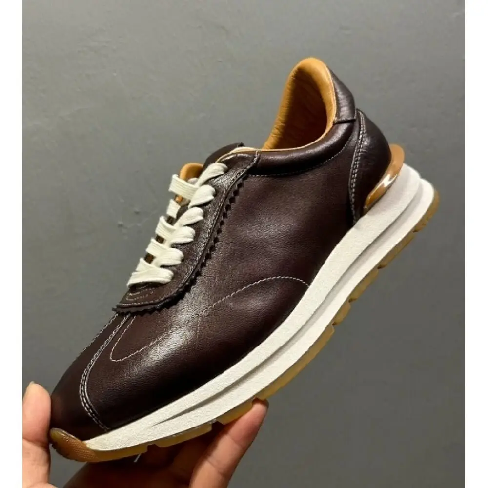 Dark Brown Burnished Leather Retro Casual Shoes, with off-white laces and layered sole
Dark Brown Burnished Leather Retro Casual Shoes, with off-white laces and layered sole