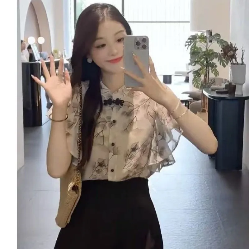 Women Summer Chinese Style Temperament Printing Short Sleeve Chiffon Shirts Ladies Fashion Office Lady All-match Casual Tops
Women Summer Chinese Style Temperament Printing Short Sleeve Chiffon Shirts Ladies Fashion Office Lady All-match Casual Tops