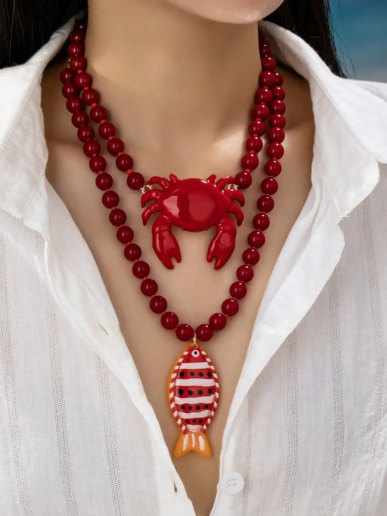 Red Beaded Crab & Fish Pendant Necklace - Bold Ocean Style Statement Necklace With Marine Life Pendant - Beach Vacation
Red Beaded Crab & Fish Pendant Necklace - Bold Ocean Style Statement Necklace With Marine Life Pendant - Beach Vacation