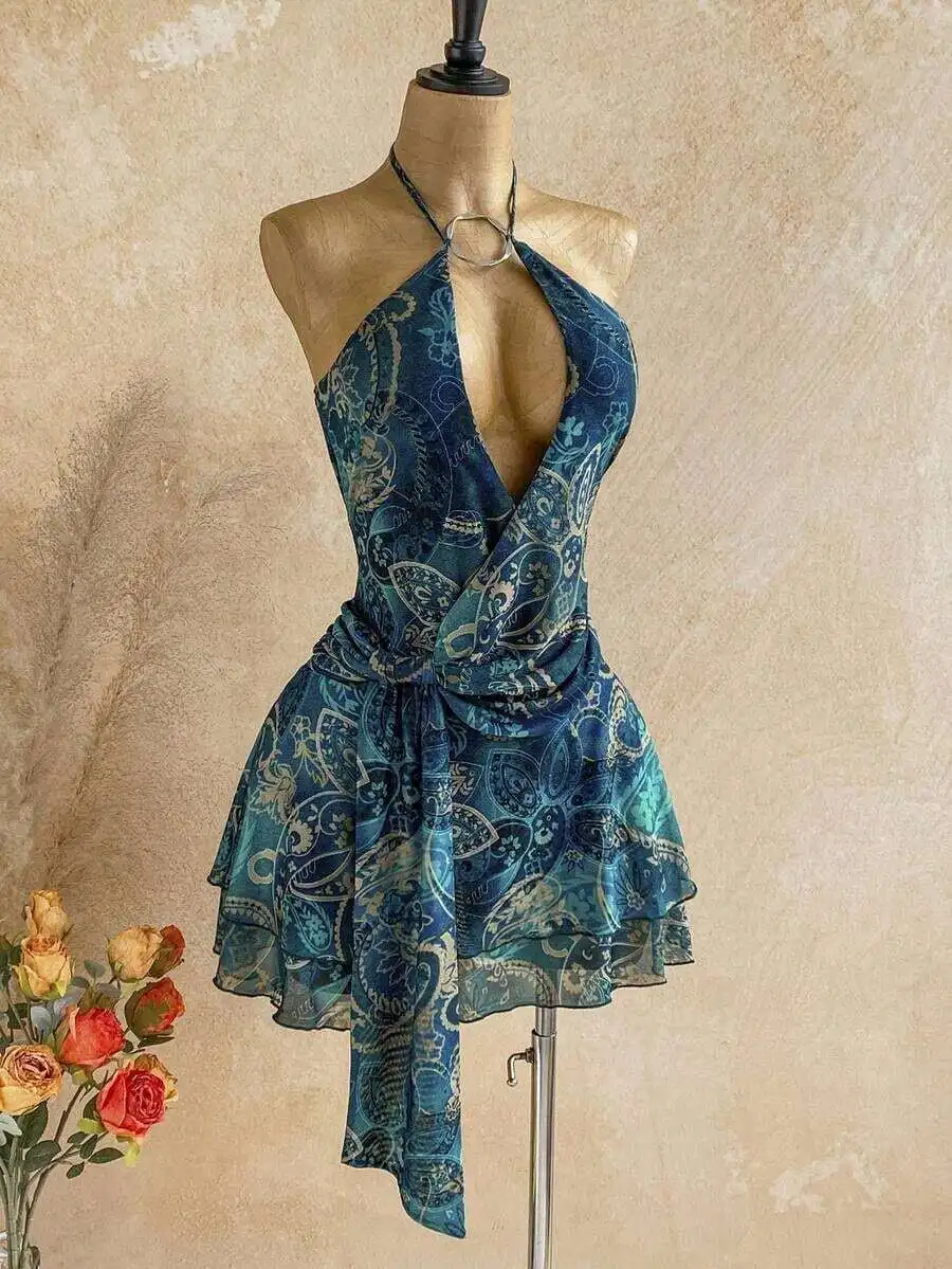 Womens Boho Paisley Print Halter Mini Dress With Knoted Waist And Asymmetrical Hem
Womens Boho Paisley Print Halter Mini Dress With Knoted Waist And Asymmetrical Hem
