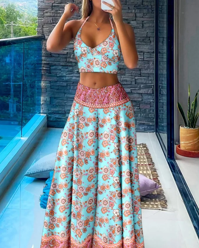 2025 Summer Sexy Elegant 2 Pieces Sets Womens Outfit Floral Print Halter V Neck Crop Tank Casual Shirred Maxi Skirt with Pockets
2025 Summer Sexy Elegant 2 Pieces Sets Womens Outfit Floral Print Halter V Neck Crop Tank Casual Shirred Maxi Skirt with Pockets