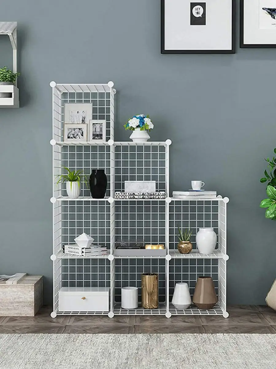 Modern Simple Iron Art Floor Standing Rack Children's Room Organizer Net Storage Shelf Easy to Assemble Practical Storage Sol...