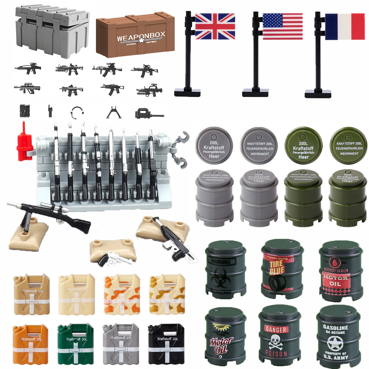 MOC Military Scene Building Block Toy Accessories Sandbags Flag Oil drum Weapon Box Firearm mount
MOC Military Scene Building Block Toy Accessories Sandbags Flag Oil drum Weapon Box Firearm mount