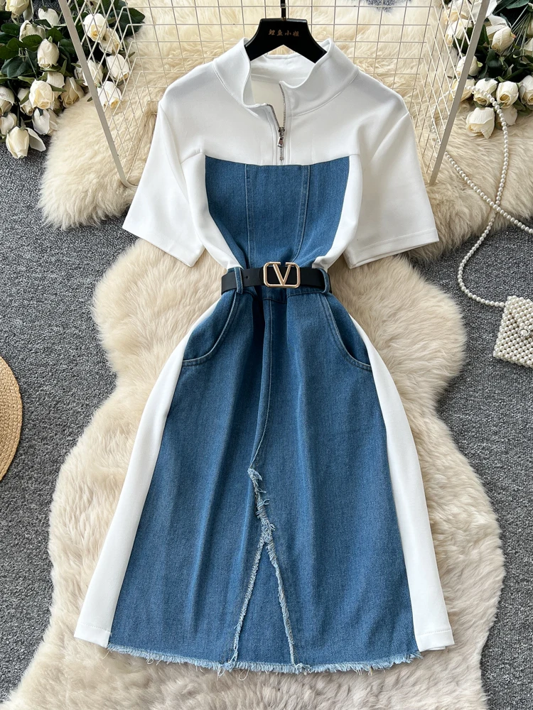 Korean Style Short Sleeve V-Neck Slimming A-Line Dress Summer Denim Split Skirt Women's Fashion Casual Commute Standard Fit
Korean Style Short Sleeve V-Neck Slimming A-Line Dress Summer Denim Split Skirt Women's Fashion Casual Commute Standard Fit