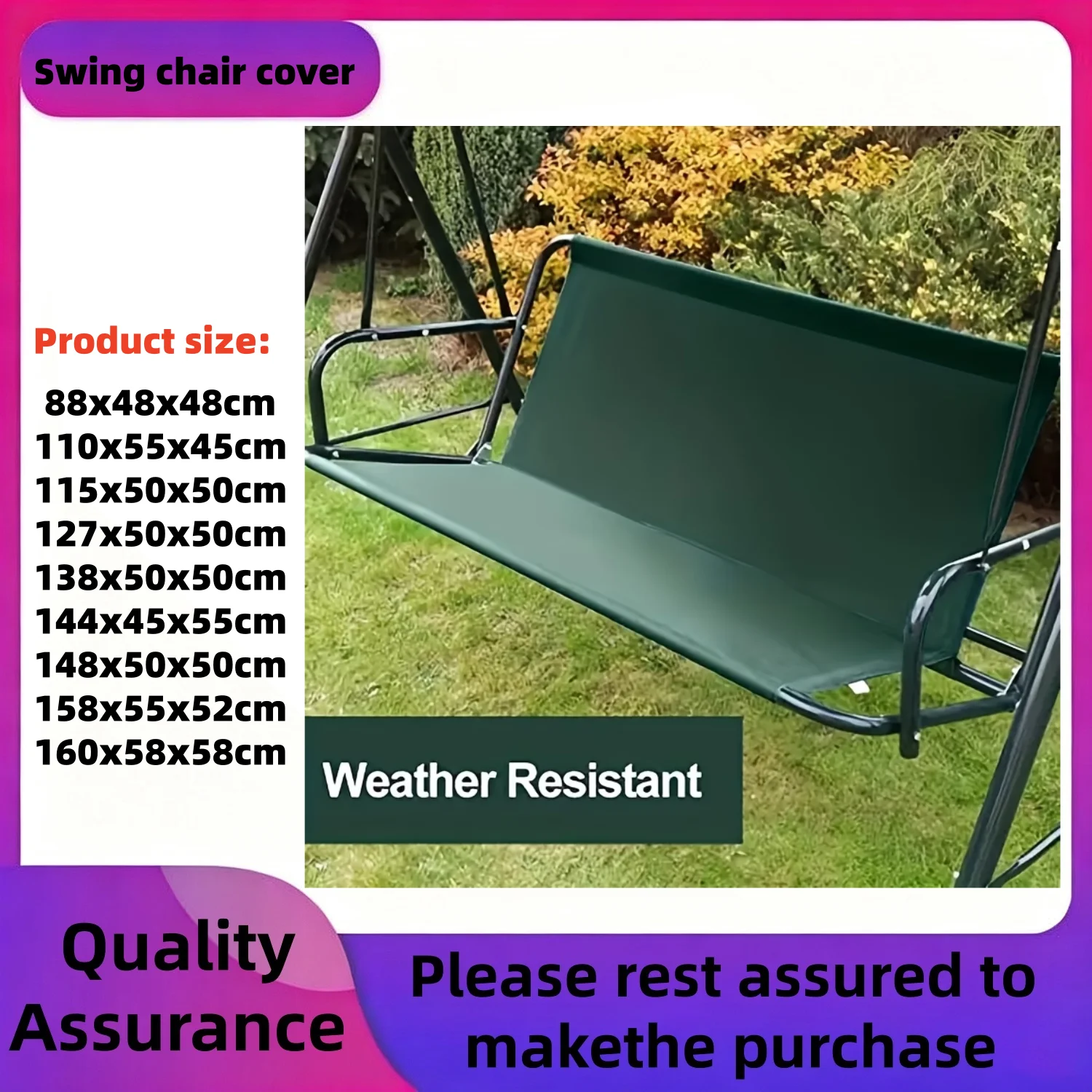 Outdoor Relaxation, 600D Fabric Swing Seat Cover, All-Season Non-Waterproof Patio Bench Protection, Fits 2-Seater Swing, Green
Outdoor Relaxation, 600D Fabric Swing Seat Cover, All-Season Non-Waterproof Patio Bench Protection, Fits 2-Seater Swing, Green