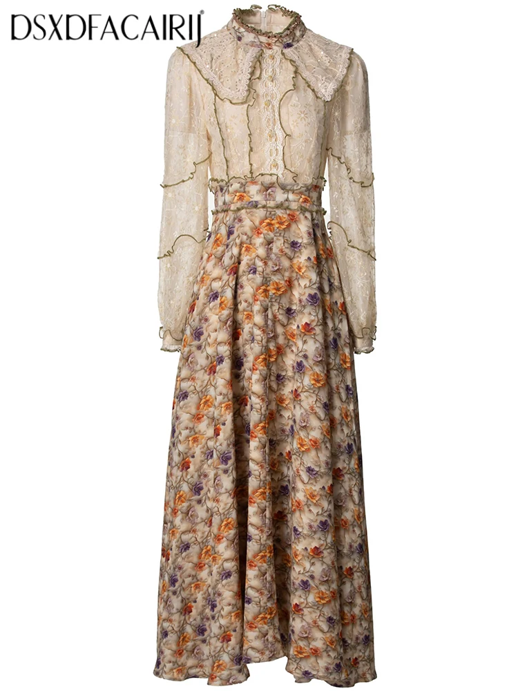 DSXDFACAIRIJ Lace Patchwork Long Dress For Women Beading Stand Collar Lantern Sleeve Flowers Print Vintage Dress Fashion Female
DSXDFACAIRIJ Lace Patchwork Long Dress For Women Beading Stand Collar Lantern Sleeve Flowers Print Vintage Dress Fashion Female