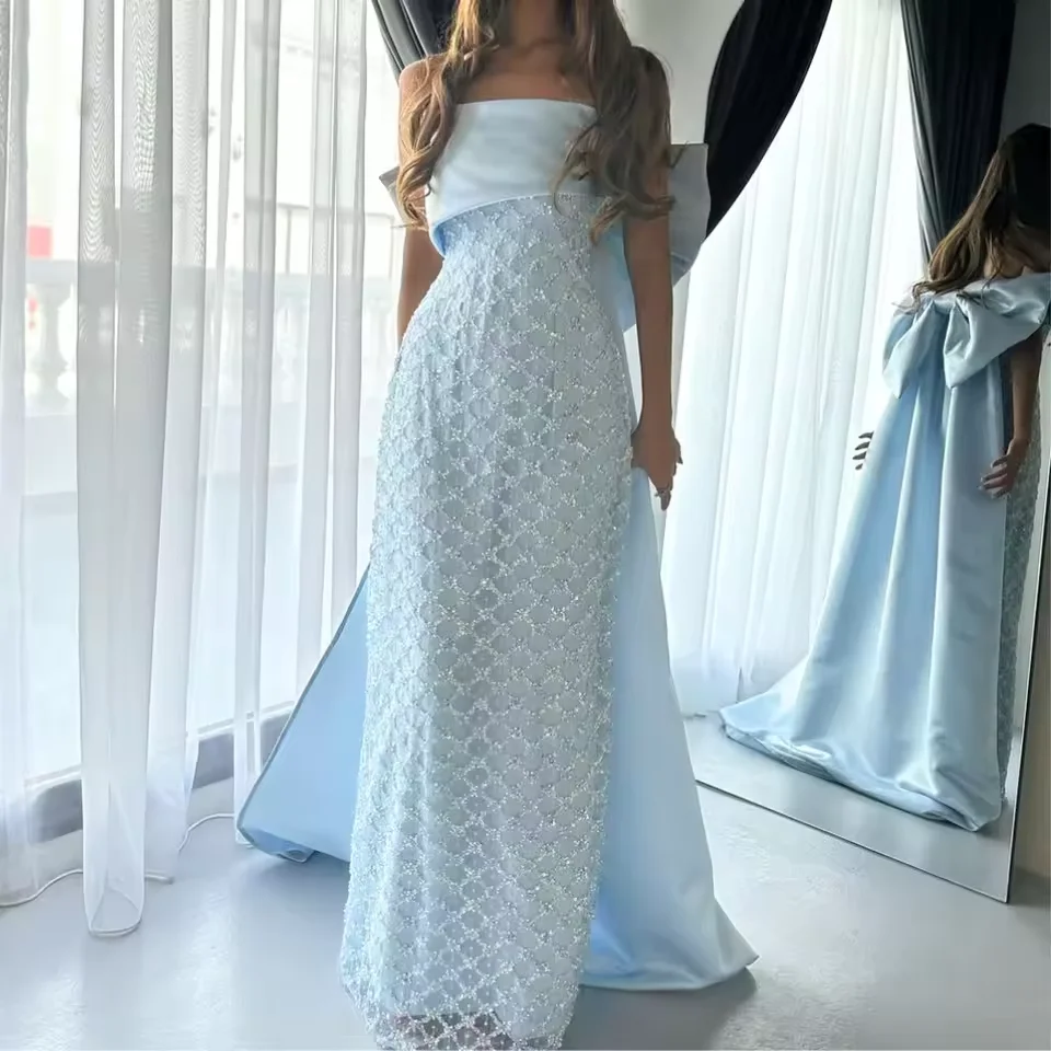 Customized Blue Sparkling Strapless Prom Dress Sheath Bow Long party dress Elegant Floor-Length Formal فساتين للمناسبات الخاصة
Customized Blue Sparkling Strapless Prom Dress Sheath Bow Long party dress Elegant Floor-Length Formal فساتين للمناسبات الخاصة