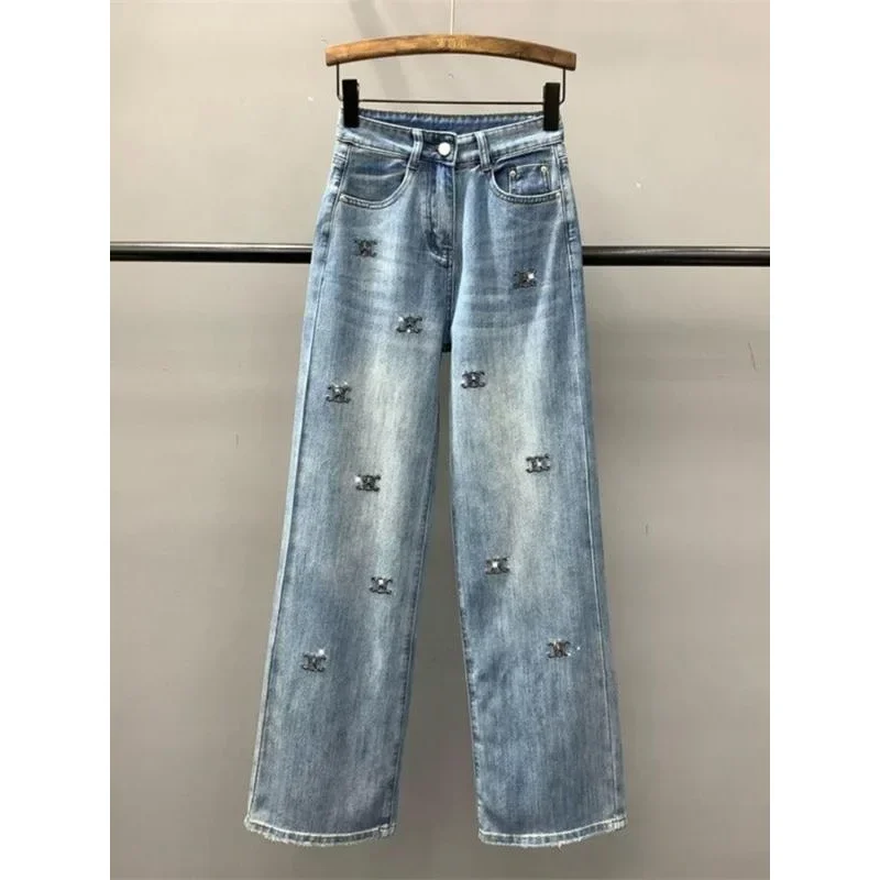 High Waist Elastic Denim Wide Leg Pants Women's Spring New Style Rhinestone Embellished Straight Cut Pants Chic Long Trousers
High Waist Elastic Denim Wide Leg Pants Women's Spring New Style Rhinestone Embellished Straight Cut Pants Chic Long Trousers