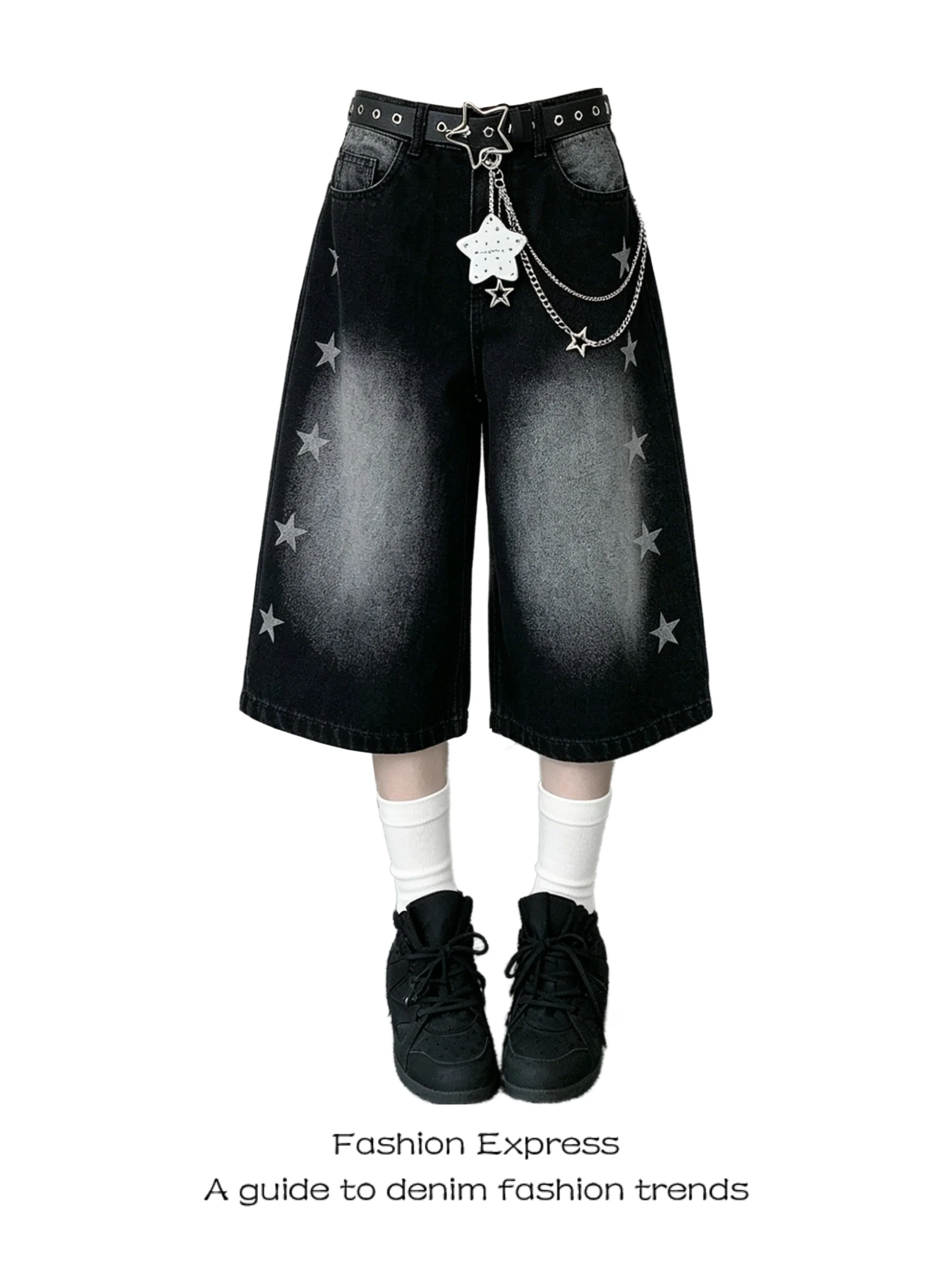 High Waist Wide Leg Jeans Women's Summer American Style Print Star Seven-Foot Pants Casual Loose Fit Blue Denim Shorts
High Waist Wide Leg Jeans Women's Summer American Style Print Star Seven-Foot Pants Casual Loose Fit Blue Denim Shorts