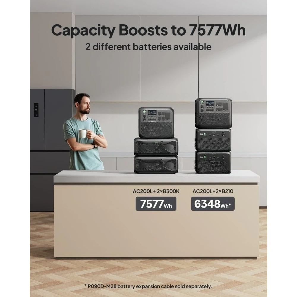 AC200L Portable Power Station 2048Wh LiFePO4 Battery Backup Expandable to 8192Wh with 4 2400W AC Outlets (3600W Customizable)
AC200L Portable Power Station 2048Wh LiFePO4 Battery Backup Expandable to 8192Wh with 4 2400W AC Outlets (3600W Customizable)