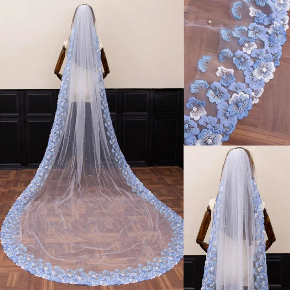 3M Cathedral Length Wedding Bridal Veils One Layer With Comb Blue Flowers Appliqued Pearl Bridal Accessories Customized
3M Cathedral Length Wedding Bridal Veils One Layer With Comb Blue Flowers Appliqued Pearl Bridal Accessories Customized