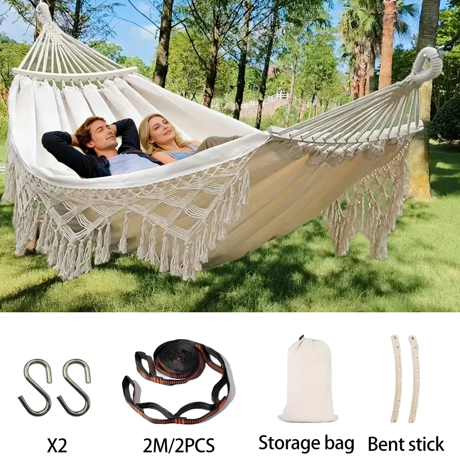 Classic Bohemian style double flowery tassel hammock set. Complete with accessories and anti-tipping design. Suitable for garden
Classic Bohemian style double flowery tassel hammock set. Complete with accessories and anti-tipping design. Suitable for garden
