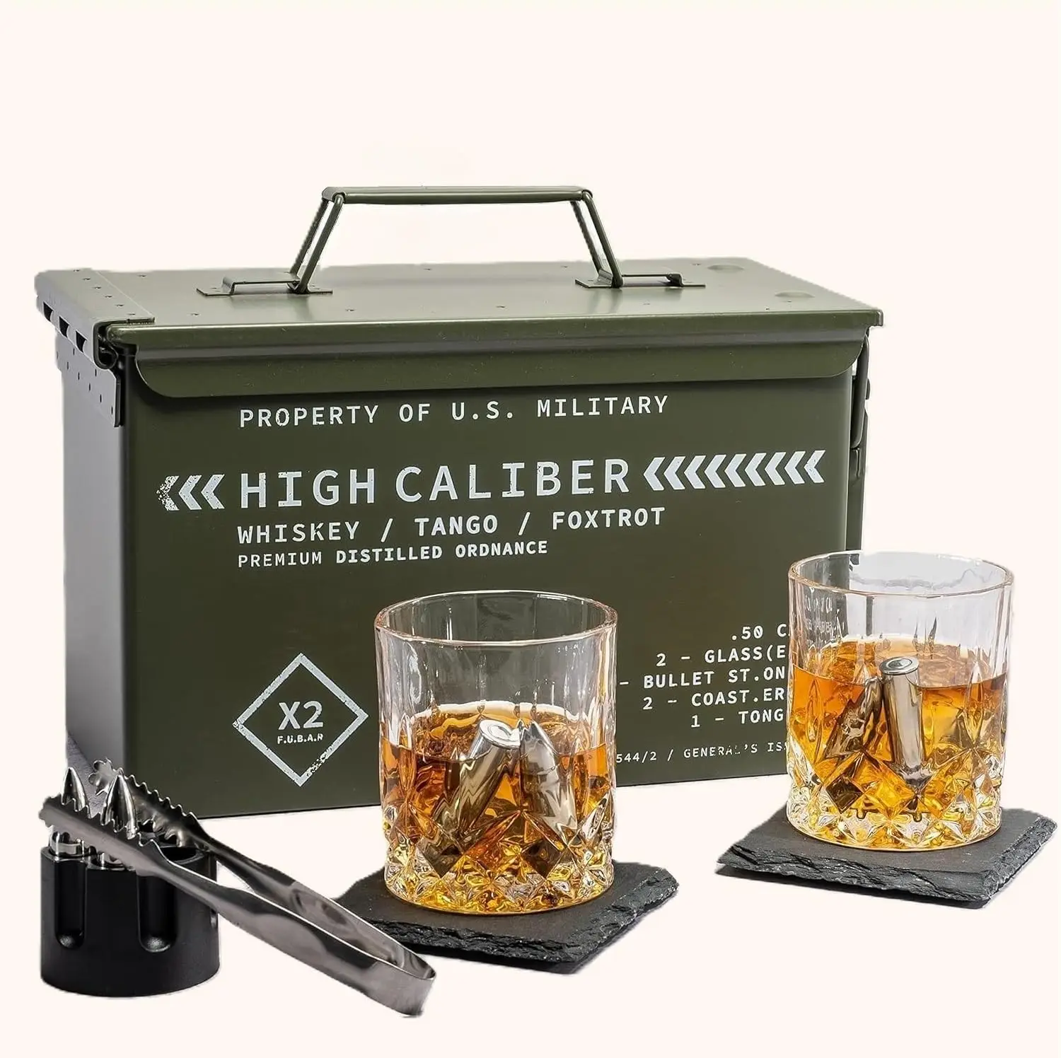 Whiskey Glasses Set with Stones, Tactical Box Display, Bourbon Cups, Coasters & Tongs, Gift for Men
Whiskey Glasses Set with Stones, Tactical Box Display, Bourbon Cups, Coasters & Tongs, Gift for Men