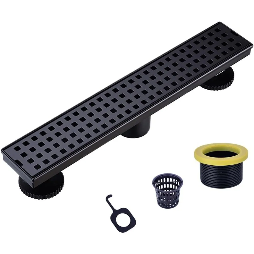16 Inch Linear Shower Floor Drain with Removable Grid Adjustable Feet Hair Strainer Stainless Steel Black
16 Inch Linear Shower Floor Drain with Removable Grid Adjustable Feet Hair Strainer Stainless Steel Black
